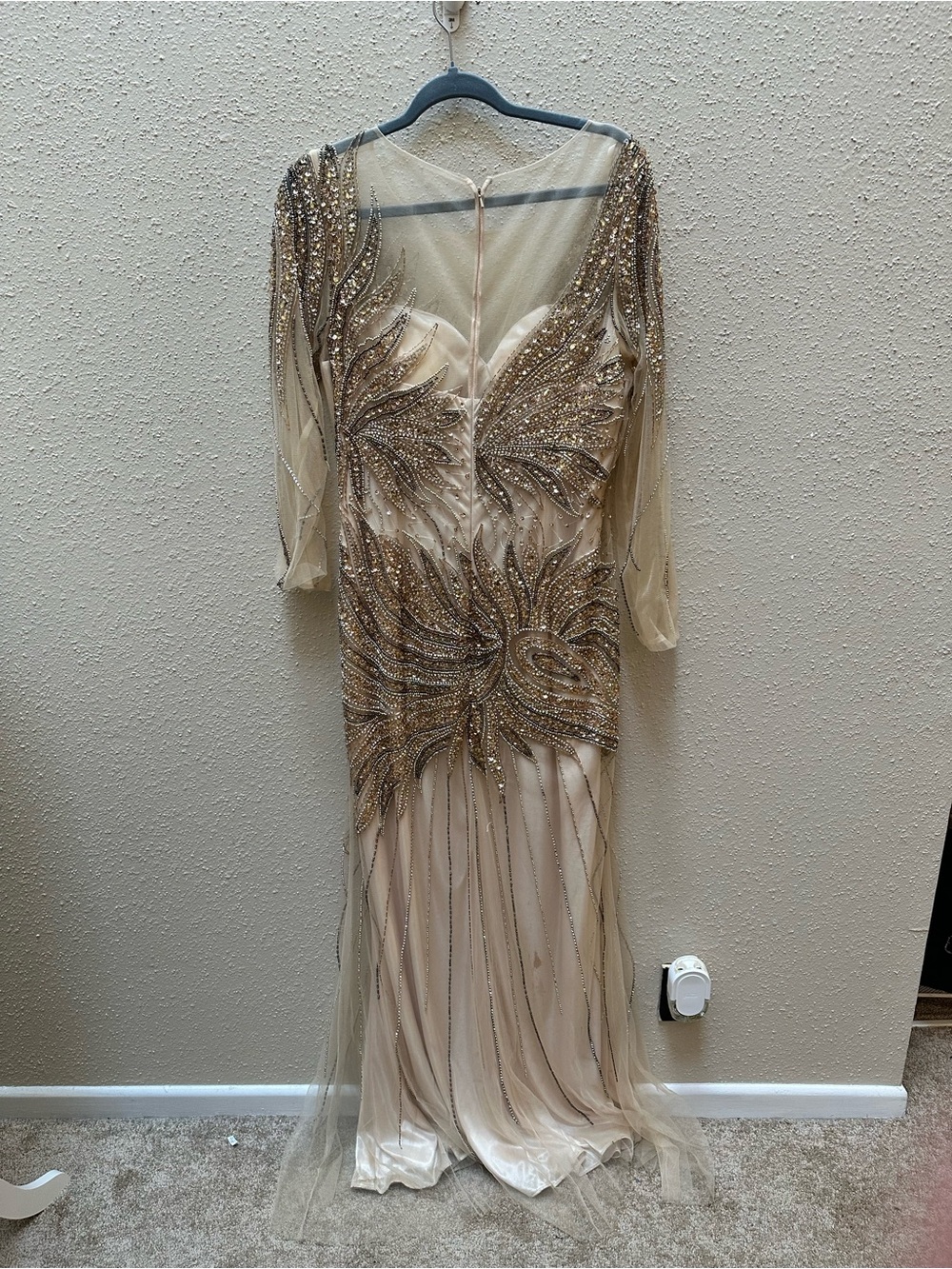 Amelia Couture Ivory/Gold Sheer Beaded Tulle Formal Gown Long Maxi Dress Sz 14 - Picture 4 of 9